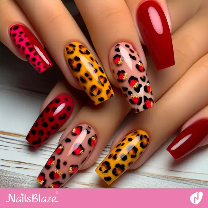 Glossy Red and Yellow Nails with Leopard Pattern | Animal Print Nails - NB2581